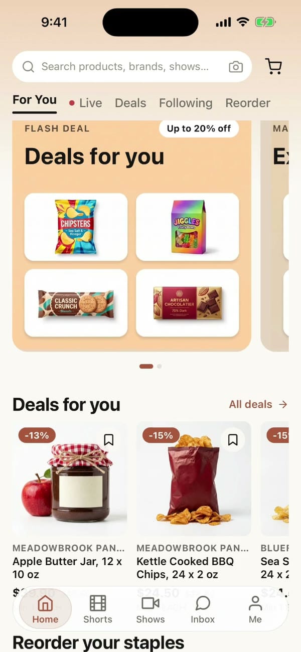 The StoreMingle buyer app: browse deals, order one product for three stores, watch vendors live, and track the order by location