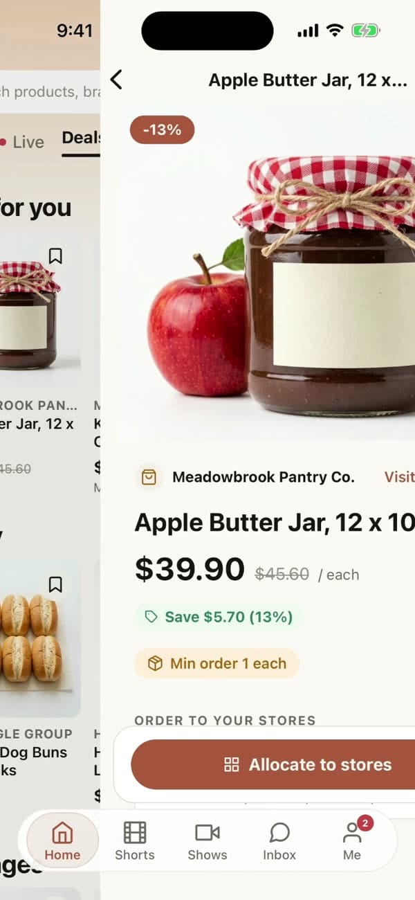 The StoreMingle buyer app: a flash-deal product page, a staple reordered with its store split, and a show reminder