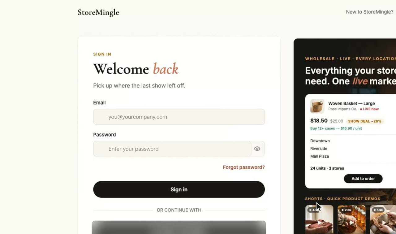 The StoreMingle organizer dashboard: sign in, set up a show, import products, vendors and stores, go live, and see orders and leads