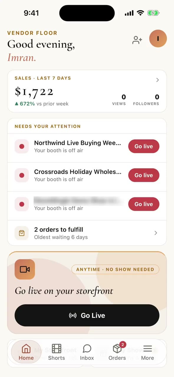 The StoreMingle vendor app: go live from the home screen in two taps, stream to buyers, then confirm an order