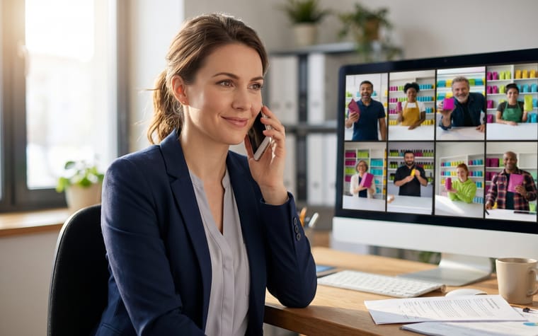 A StoreMingle team member on a call, with a live show floor on the monitor behind