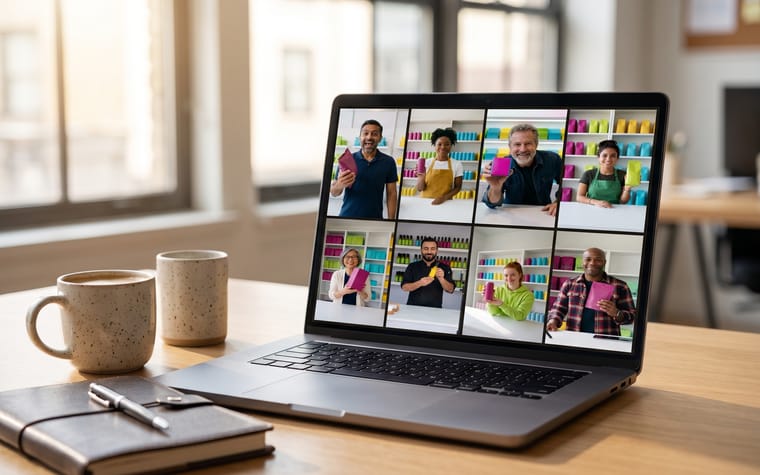 A distributor’s show on a laptop: a grid of brand reps live from their warehouses